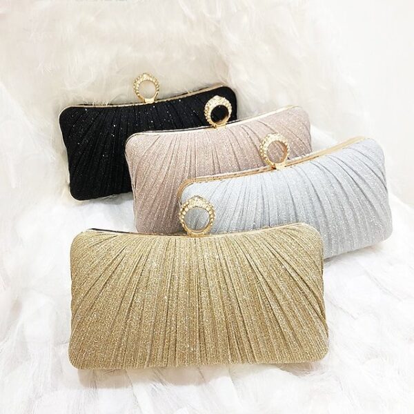 Elegant Gold Glitter Evening Clutch Bag with Rhinestone Ring