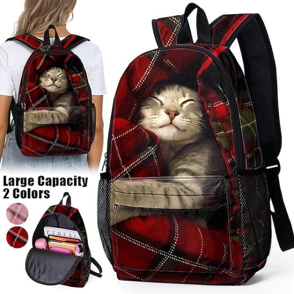 Large-Capacity Cat Print Backpack with Red Plaid Design