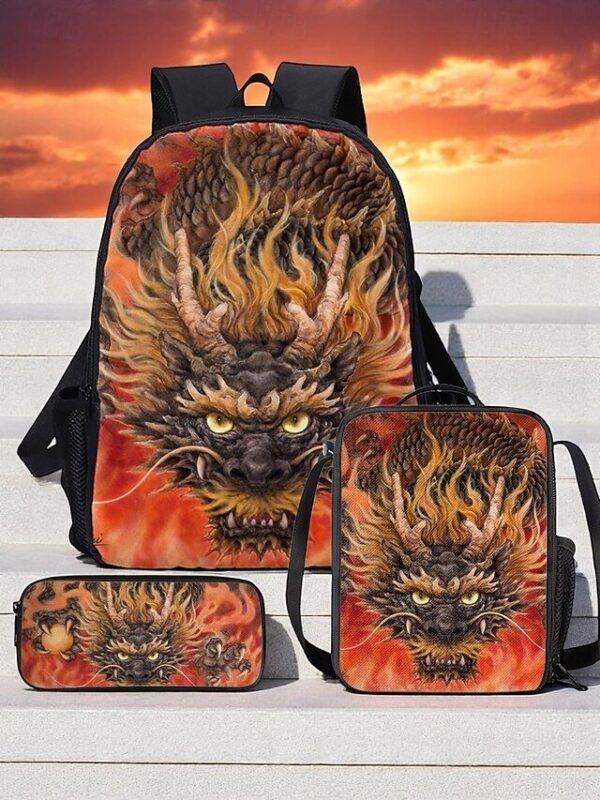 Men’s 3-Piece Dragon Backpack Set with Flame Print