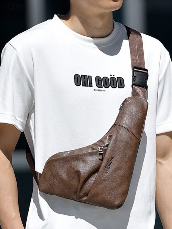 Alternative view of Men’s Brown Faux Leather Crossbody Sling Bag with Zipper