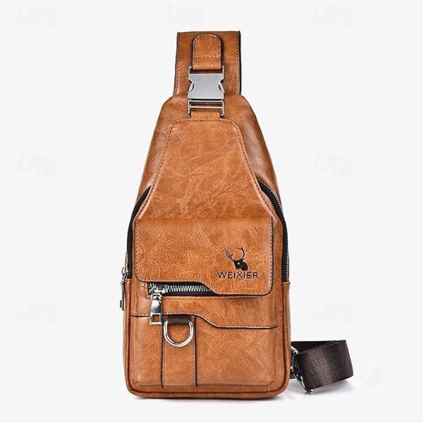 Alternative view of Men’s Brown Faux Leather Crossbody Sling Bag with Buckle