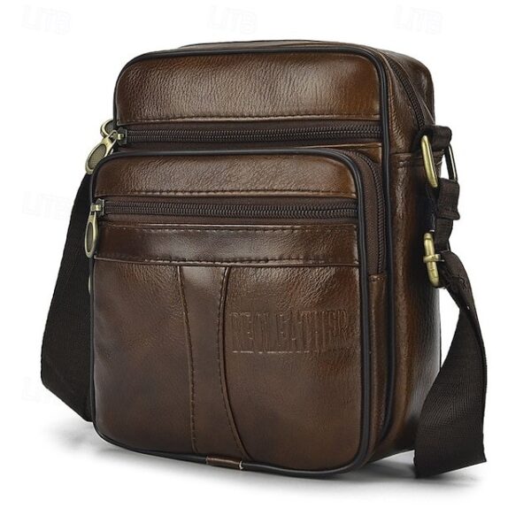 Alternative view of Men’s Brown Leather Crossbody Bag with Multiple Zipper