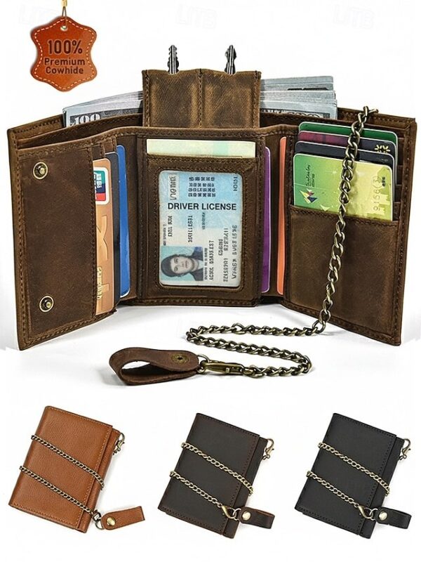 Men’s Genuine Leather Wallet with Key Slot & Chain