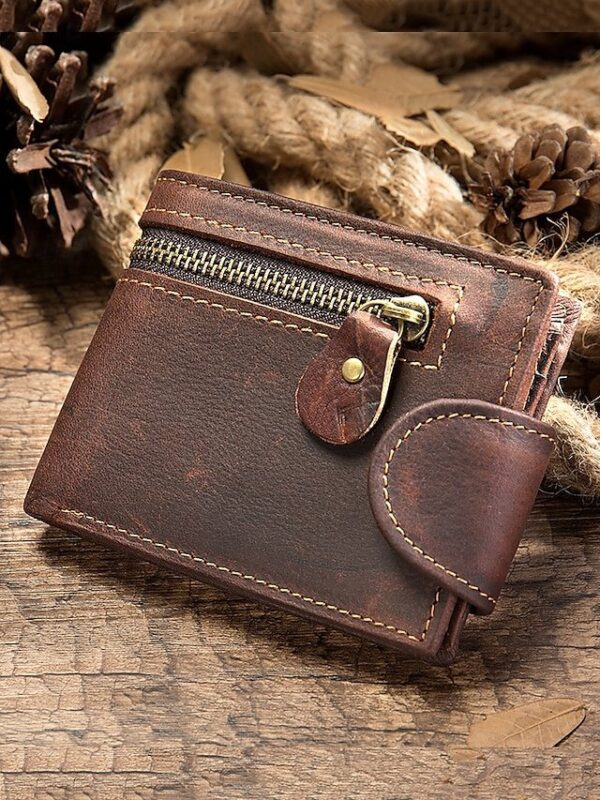 Men’s Vintage Brown Leather Wallet with Zipper Pocket