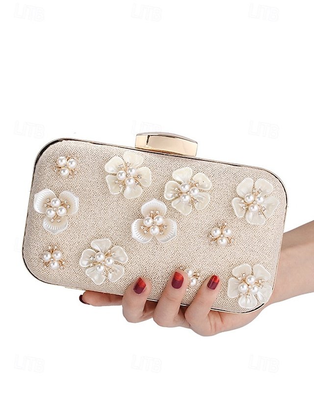 Women’s 3D Floral Clutch with Pearl Accents and Gold Chain