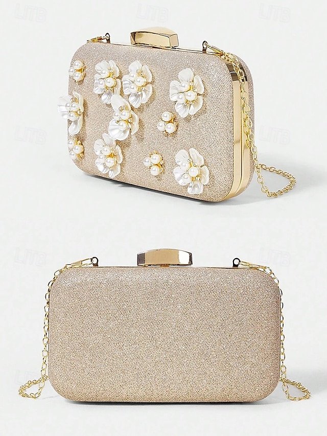 Women’s 3D Floral Clutch with Pearl Accents and Gold Chain - Image 5