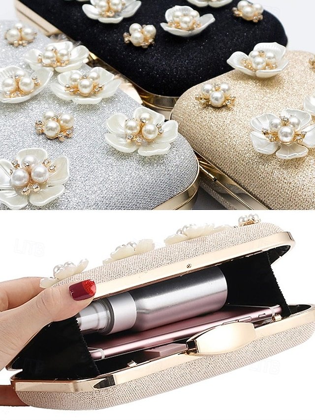 Women’s 3D Floral Clutch with Pearl Accents and Gold Chain - Image 7