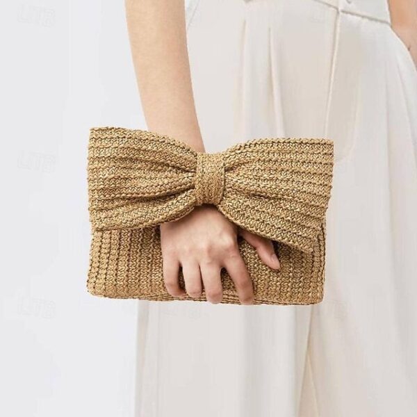 Women’s Boho Chic Straw Clutch with Large Bow Detail