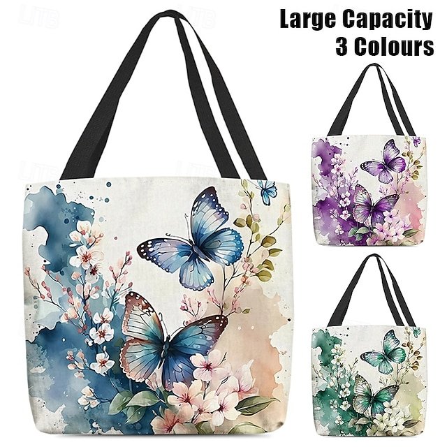Women’s Butterfly Print Canvas Tote Bag with Floral Design