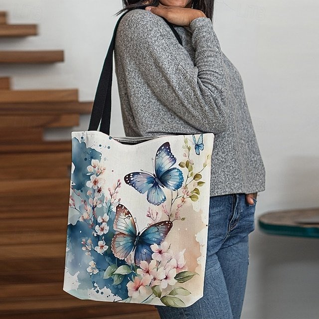 Women’s Butterfly Print Canvas Tote Bag with Floral Design - Image 2