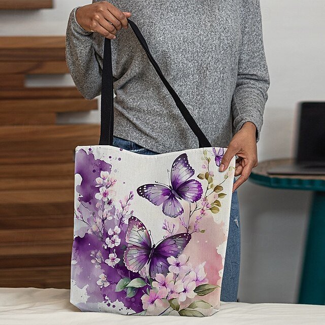 Women’s Butterfly Print Canvas Tote Bag with Floral Design - Image 3