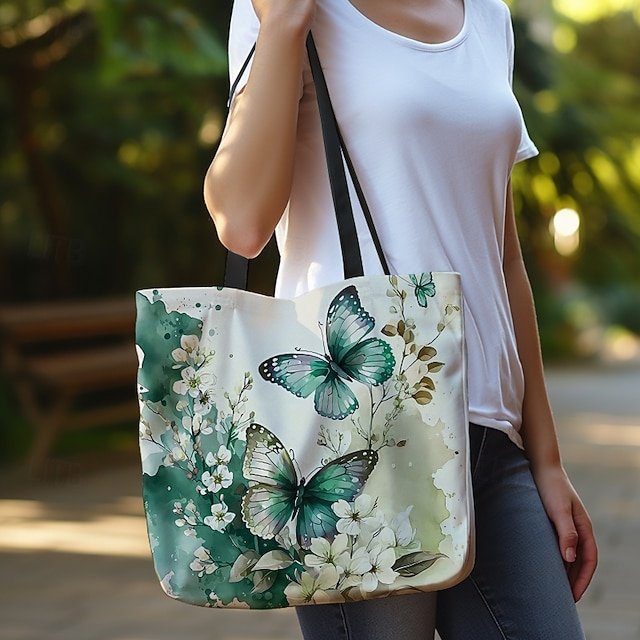 Women’s Butterfly Print Canvas Tote Bag with Floral Design - Image 4