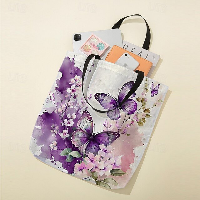 Women’s Butterfly Print Canvas Tote Bag with Floral Design - Image 6
