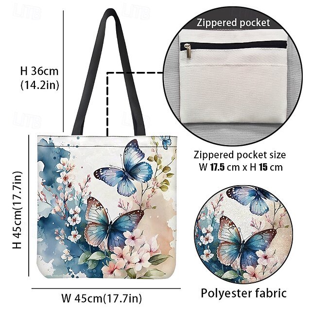 Women’s Butterfly Print Canvas Tote Bag with Floral Design - Image 7