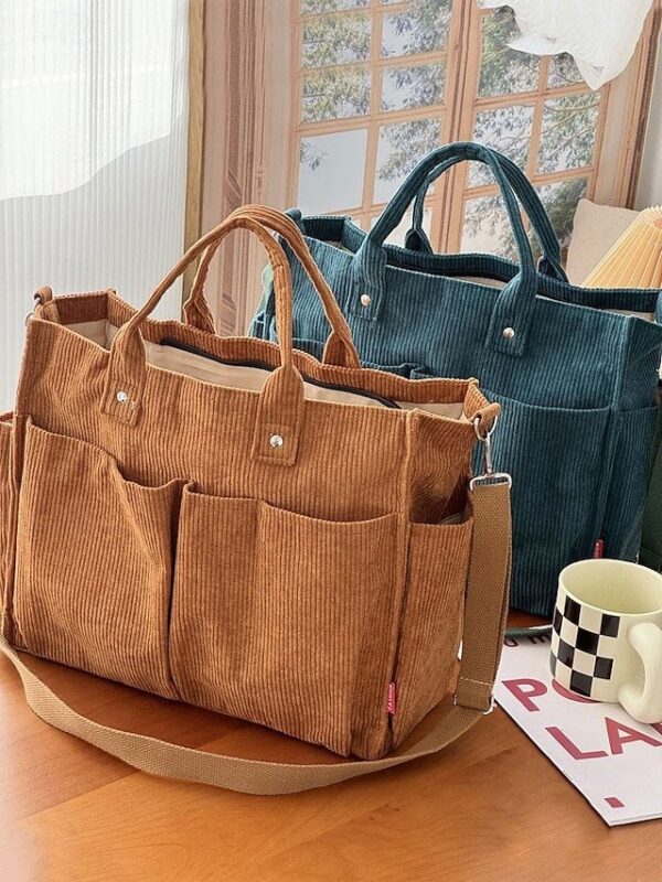Women’s Corduroy Tote Bag with Multiple Pockets