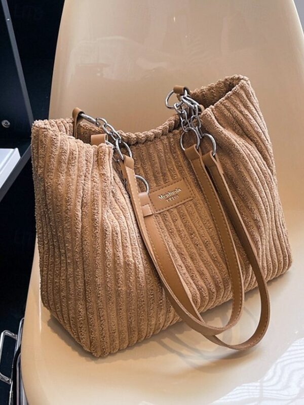 Women’s Corduroy Tote Shoulder Bag with Leather Straps