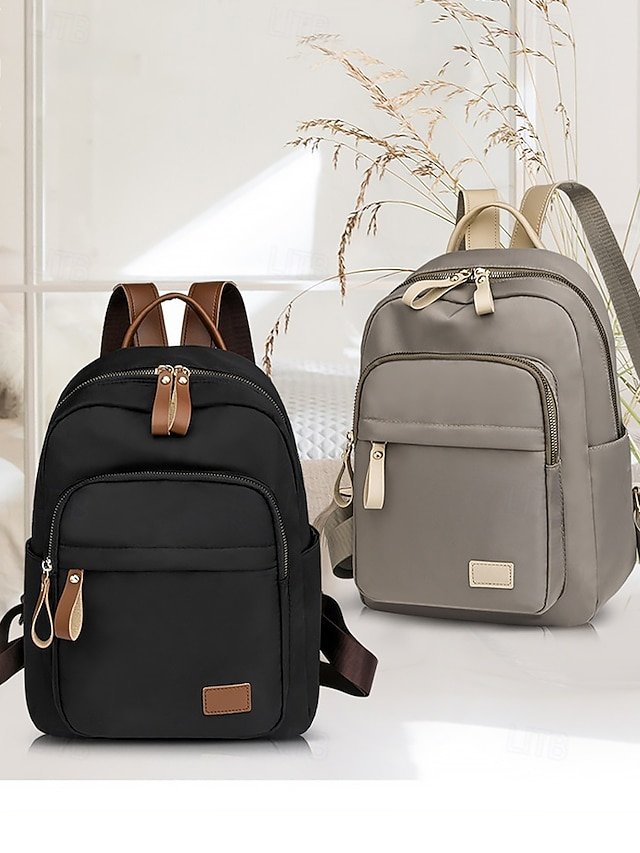 Women’s Khaki Waterproof Nylon Backpack with Multi Zipper - Image 4