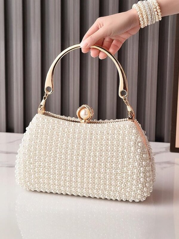 Women’s Pearl Beaded Evening Clutch Bag with Gold Handle