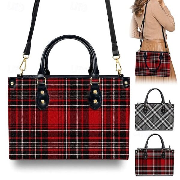 Women’s Red Tartan Plaid Handbag with Adjustable Strap