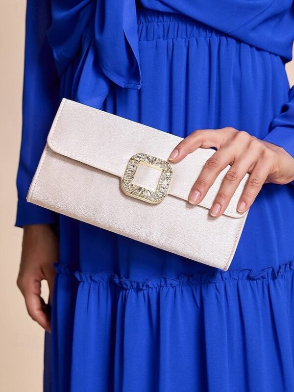 Women’s White Satin Clutch with Rhinestone Buckle